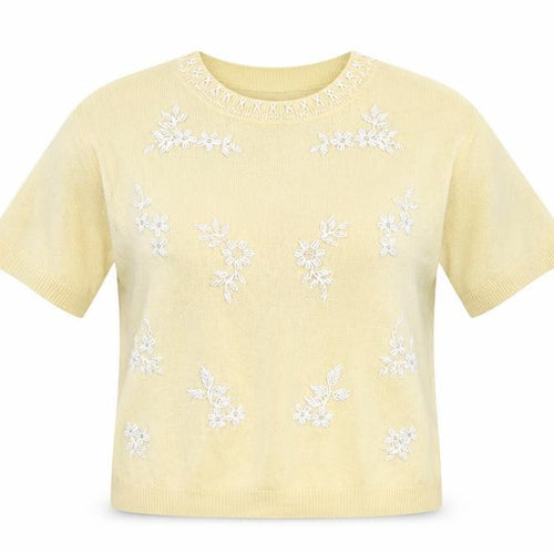 French Connection Women's Beige Embroidered Short Sleeve Pullover Jumper M
