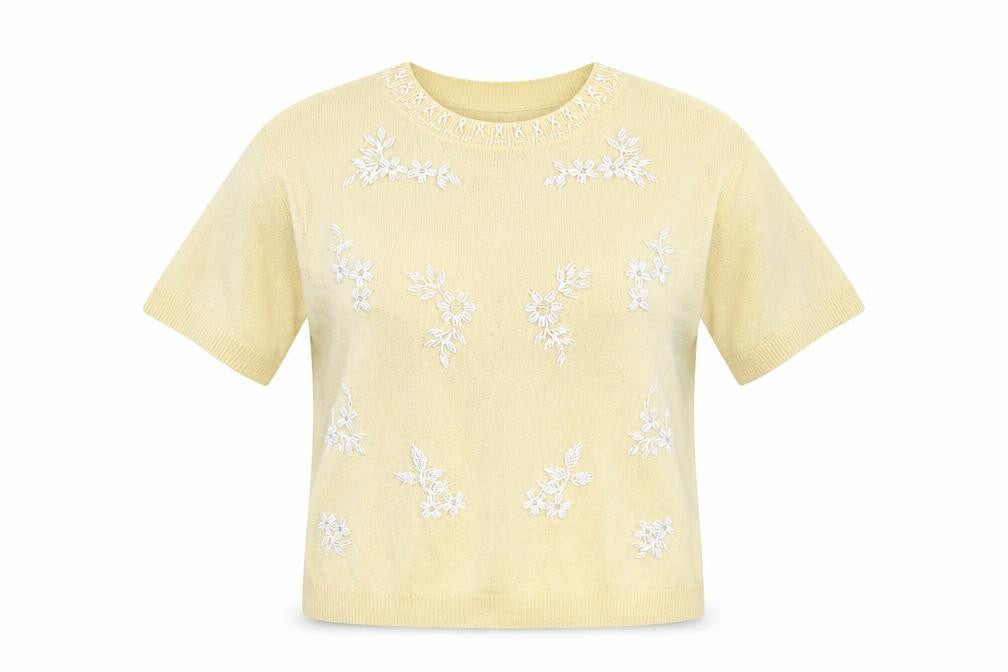 French Connection Women's Beige Embroidered Short Sleeve Pullover Jumper M