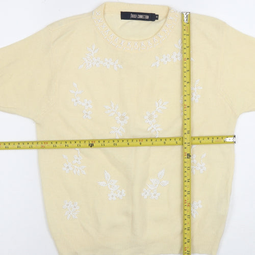 French Connection Women's Beige Embroidered Short Sleeve Pullover Jumper M