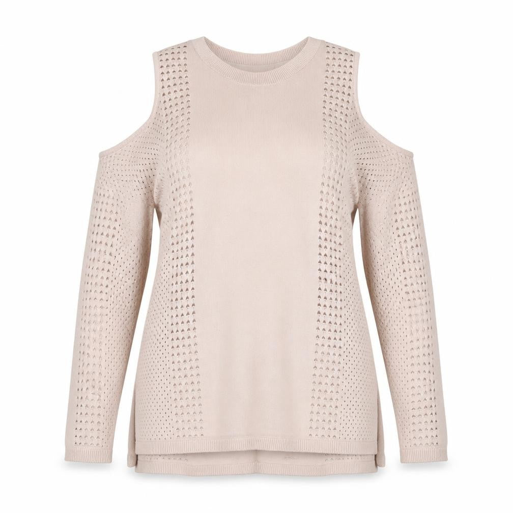 Front view of Topshop Women Beige Cold Shoulder Knit Blouse, size 8
