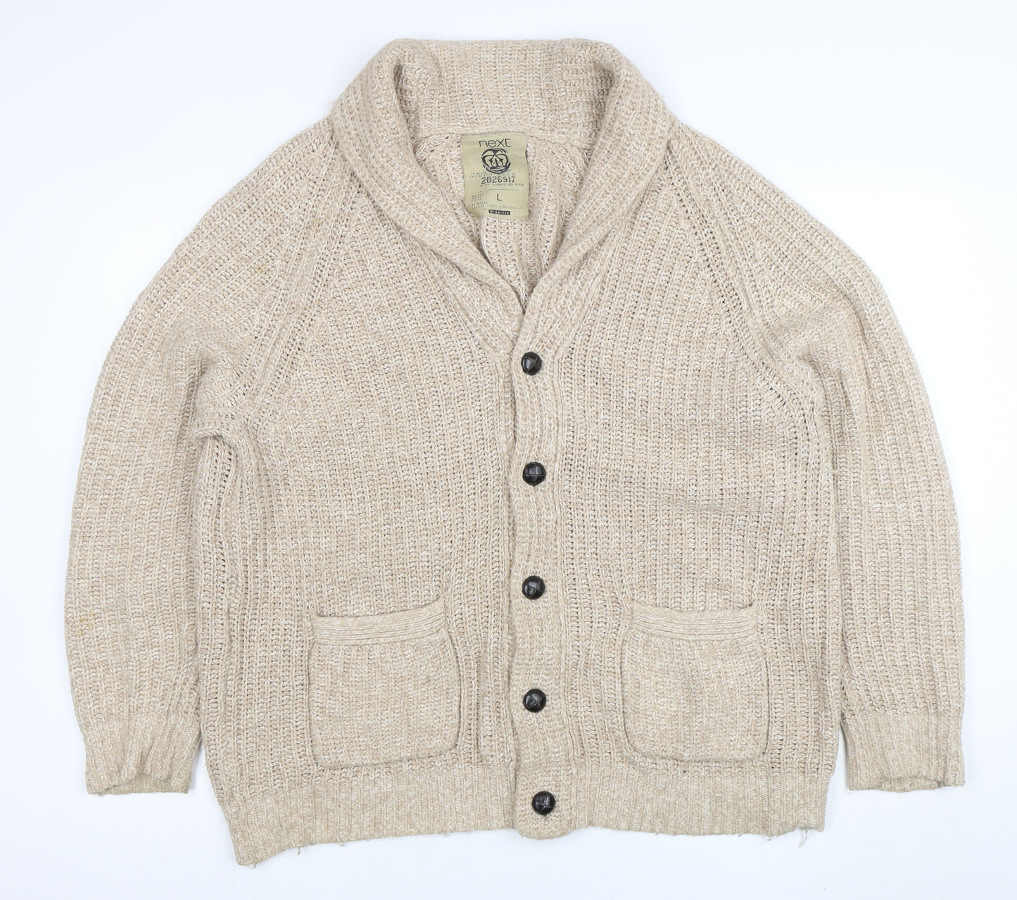 Next Men's Beige Chunky Knit Cardigan L Button Front Wool Blend