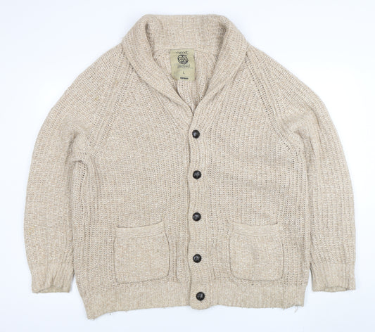 Next Men's Beige Chunky Knit Cardigan L Button Front Wool Blend