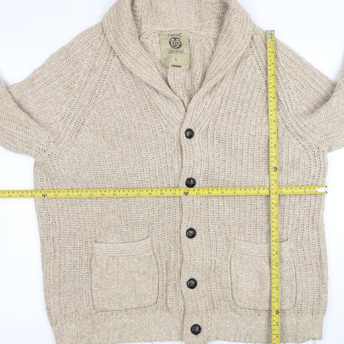 Next Men's Beige Chunky Knit Cardigan L Button Front Wool Blend