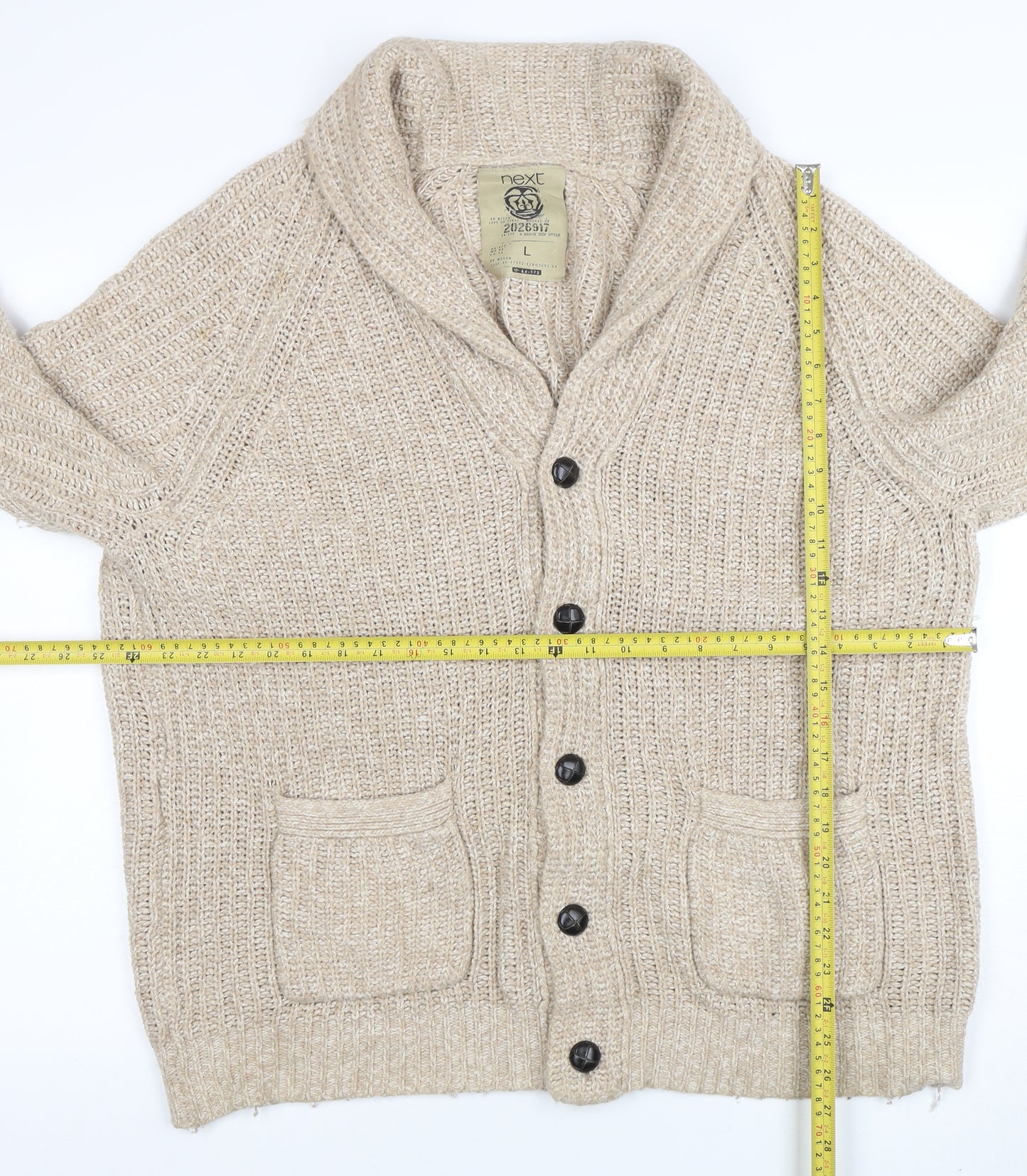 Next Men's Beige Chunky Knit Cardigan L Button Front Wool Blend