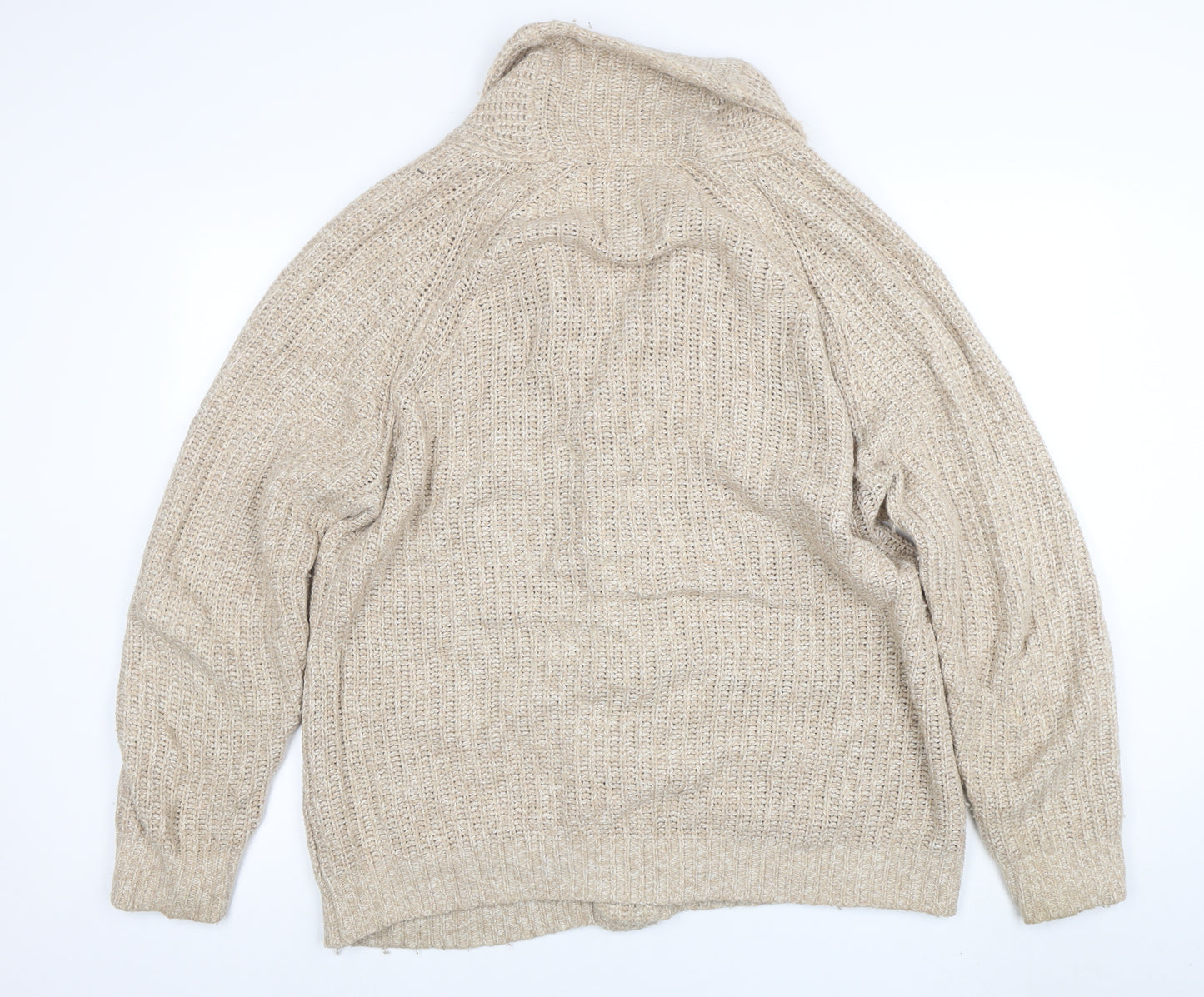 Next Men's Beige Chunky Knit Cardigan L Button Front Wool Blend