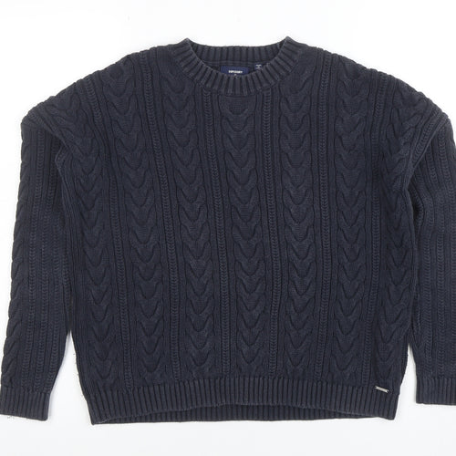 Superdry Womens Blue Cable Knit Crew Neck Cotton Jumper Size 8