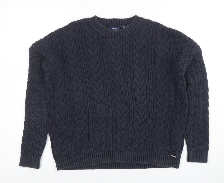 Superdry Womens Blue Cable Knit Crew Neck Cotton Jumper Size 8