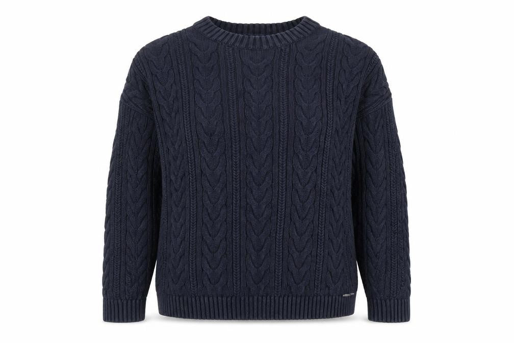 Front view of Superdry women’s blue cable knit crew neck cotton jumper, size UK 8