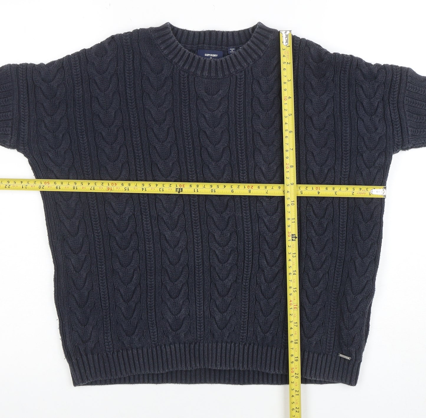 Superdry Womens Blue Cable Knit Crew Neck Cotton Jumper Size 8