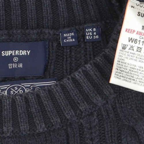 Superdry Womens Blue Cable Knit Crew Neck Cotton Jumper Size 8