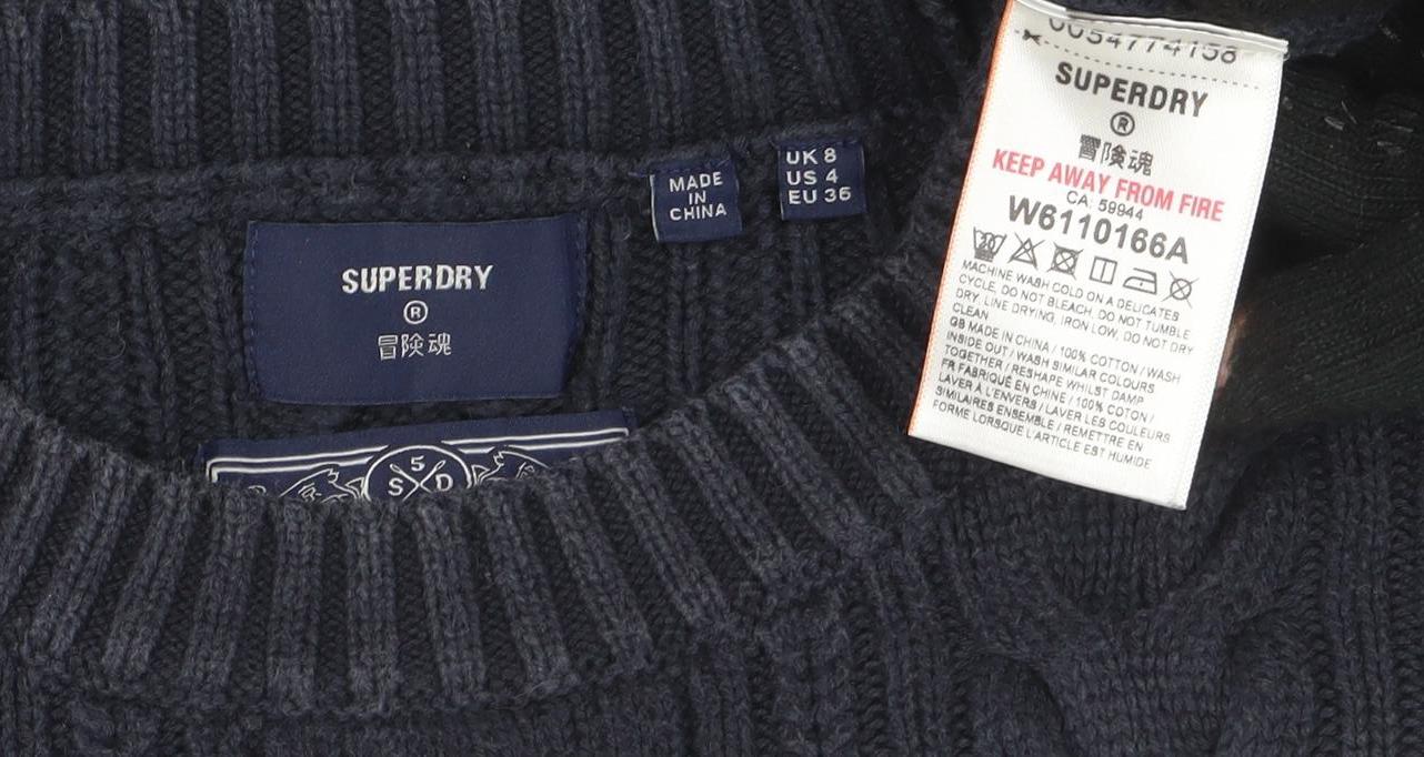 Superdry Womens Blue Cable Knit Crew Neck Cotton Jumper Size 8