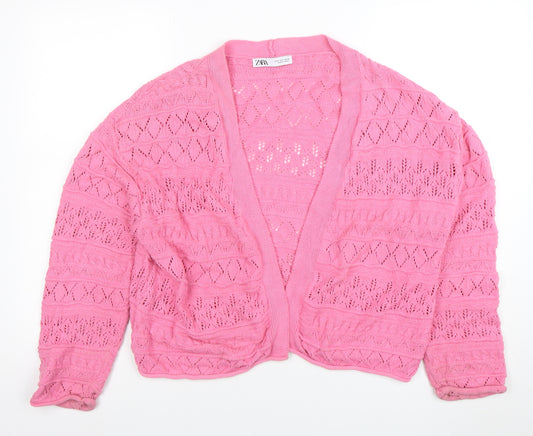 ZARA Women’s Pink Open Knit Cardigan Size 8 V-Neck Lightweight