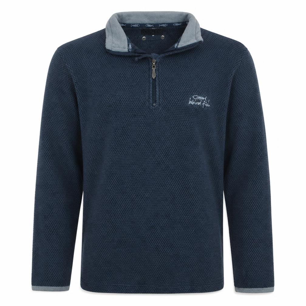 Front view of Weird Fish Men's Blue Cotton Blend 1/4 Zip Pullover Sweatshirt, size S