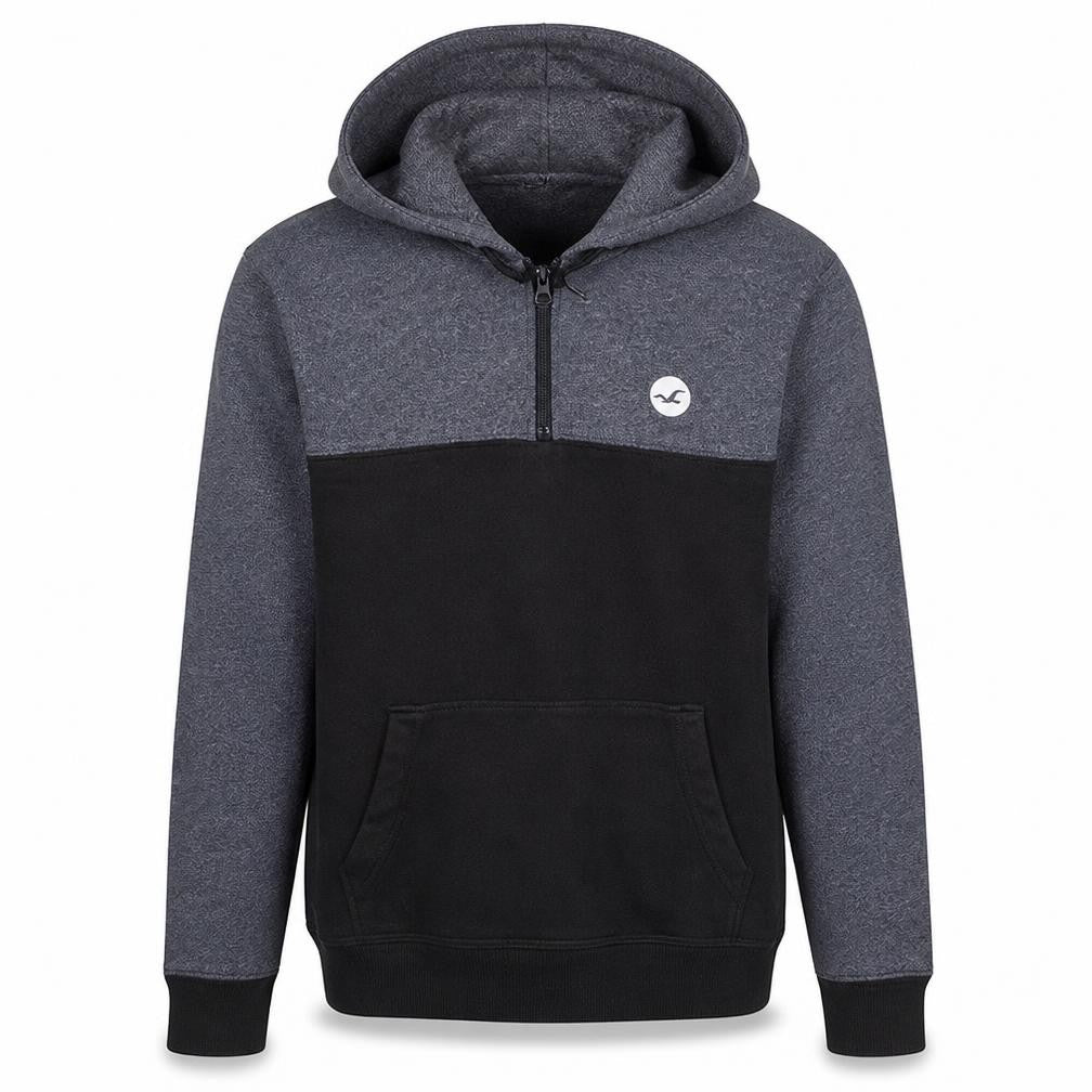 Front view of Hollister Men's Grey & Black 1/4 Zip Hoodie Small Pullover Sweatshirt
