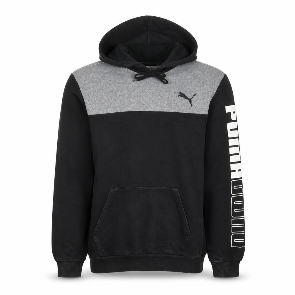 Front view of Puma men’s black pullover hoodie l logo graphic fleece sweatshirt