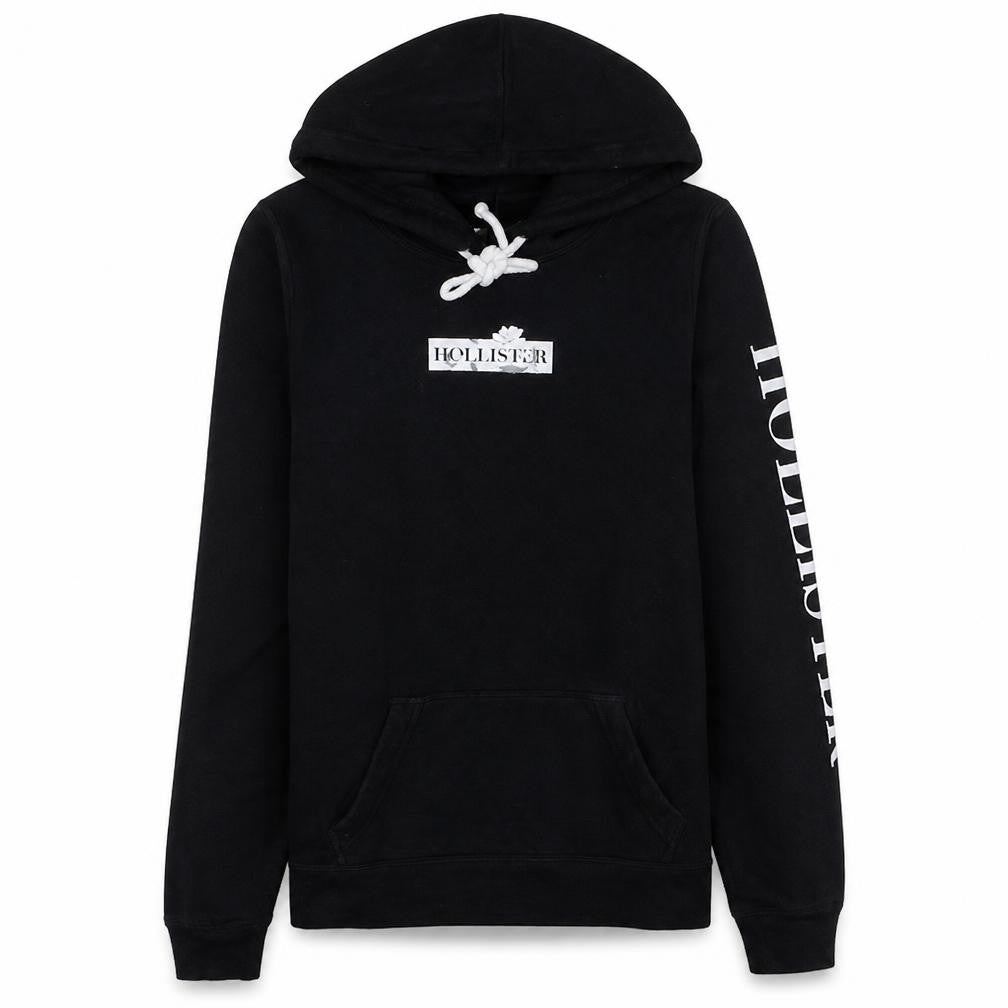 Front view of Hollister women’s black small pullover hoodie with logo detail