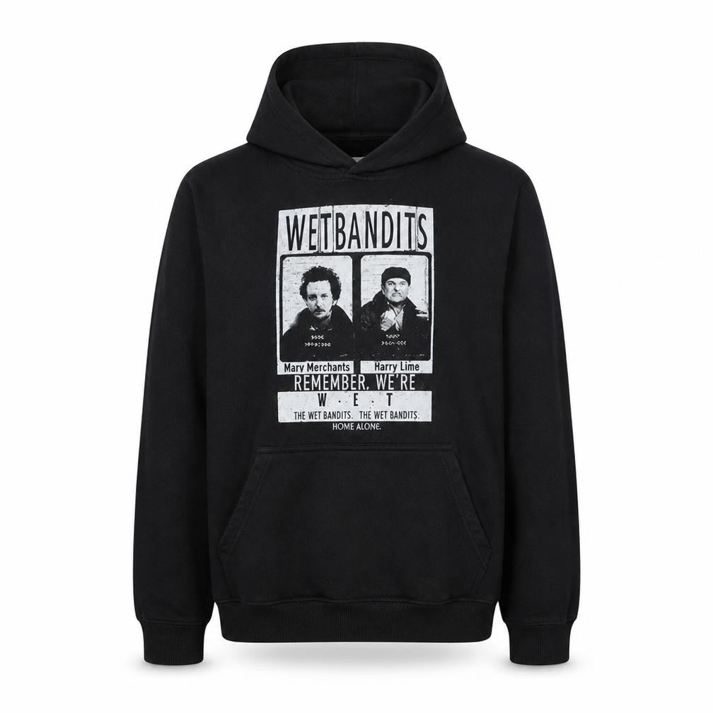 Front view of Home Alone Men's Black S Pullover Hoodie Wet Bandits Graphic Print