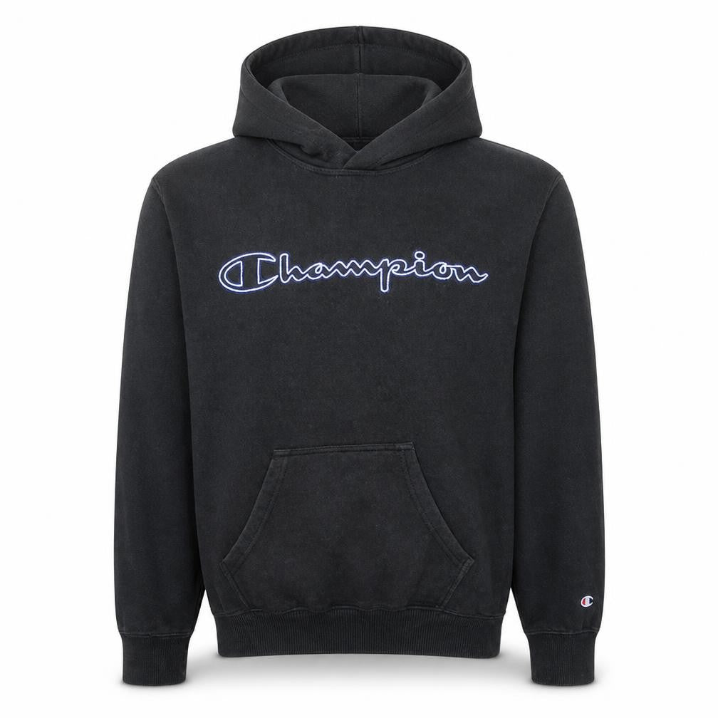 Front view of Champion Men’s Black Small Pullover Hoodie with Logo Front
