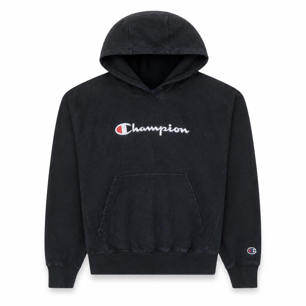 Front view of Champion Men's Black Pullover Hoodie Small Embroidered Logo