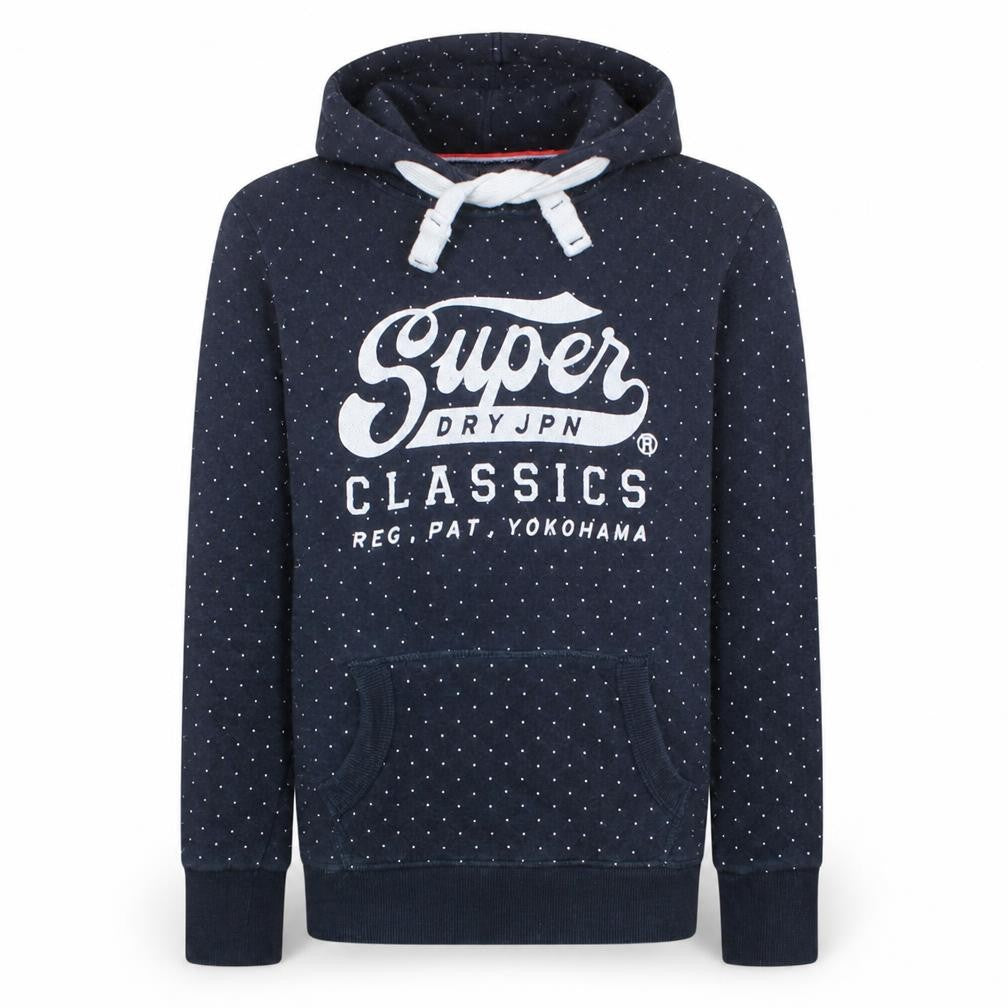 Front view of Superdry Men's Blue Polka Dot Pullover Hoodie, size M, Classic Style