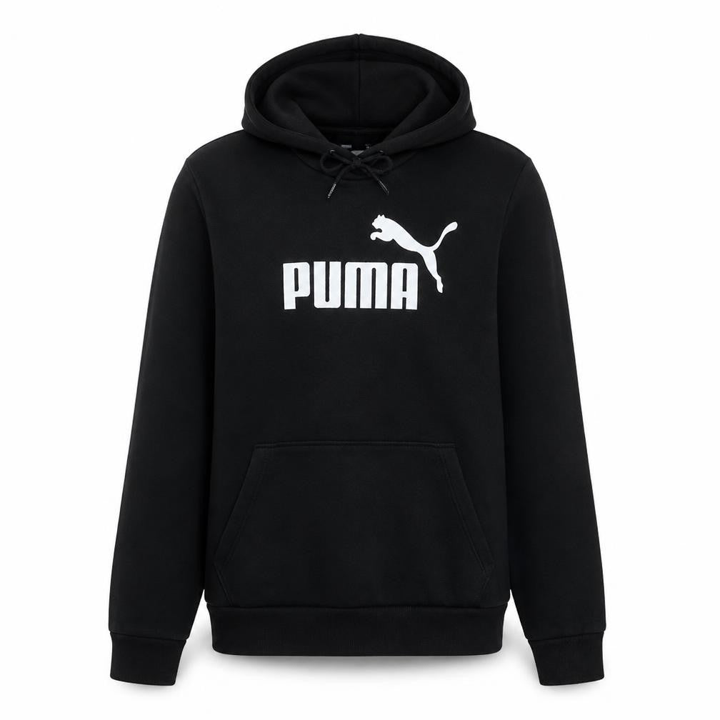 Front view of Puma Men's Black Pullover Hoodie, size L, Logo Fleece Sweatshirt