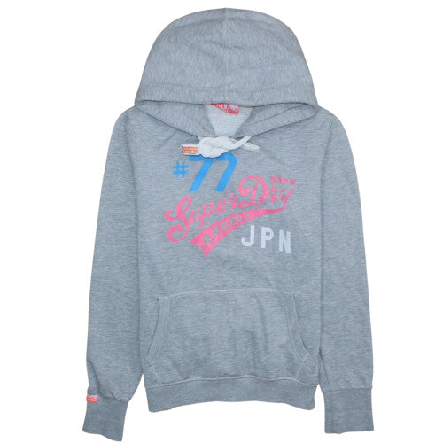 Superdry Womens Grey Pullover Hoodie L Logo Print Casual Sweatshirt