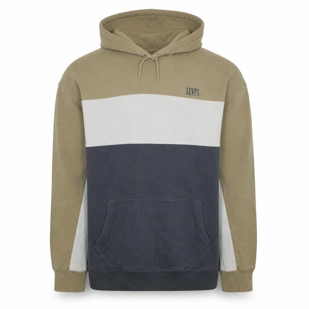 Front view of Levi's Men's Beige Blue Colour Block Relaxed Fit L Pullover Hoodie