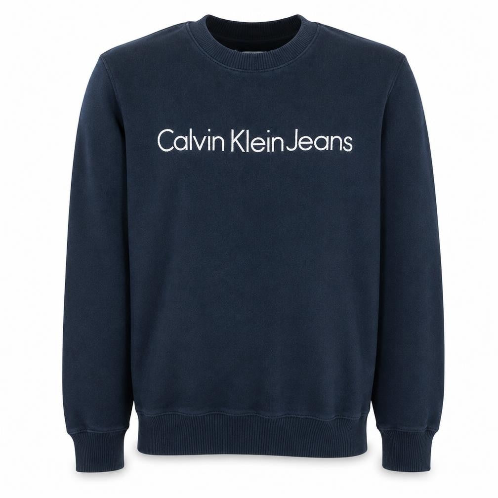 Front view of Calvin Klein Jeans Men’s Blue Crew Neck Logo Sweatshirt, size M