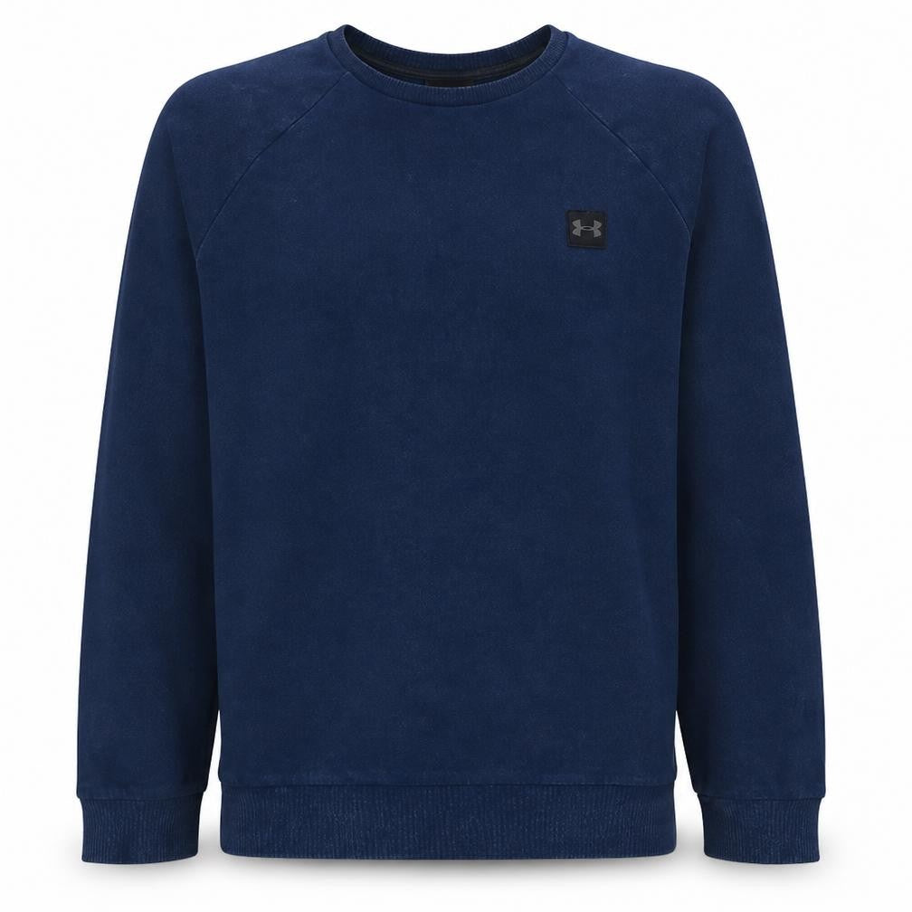 Front view of Under Armour men’s blue crew neck sweatshirt large fleece pullover