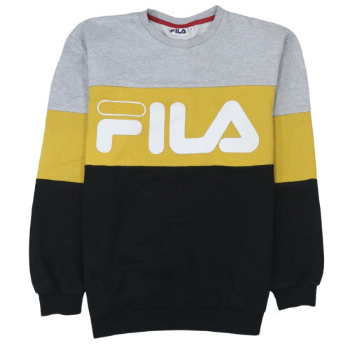 FILA Men's Grey Yellow Black Logo Crew Neck Sweatshirt M