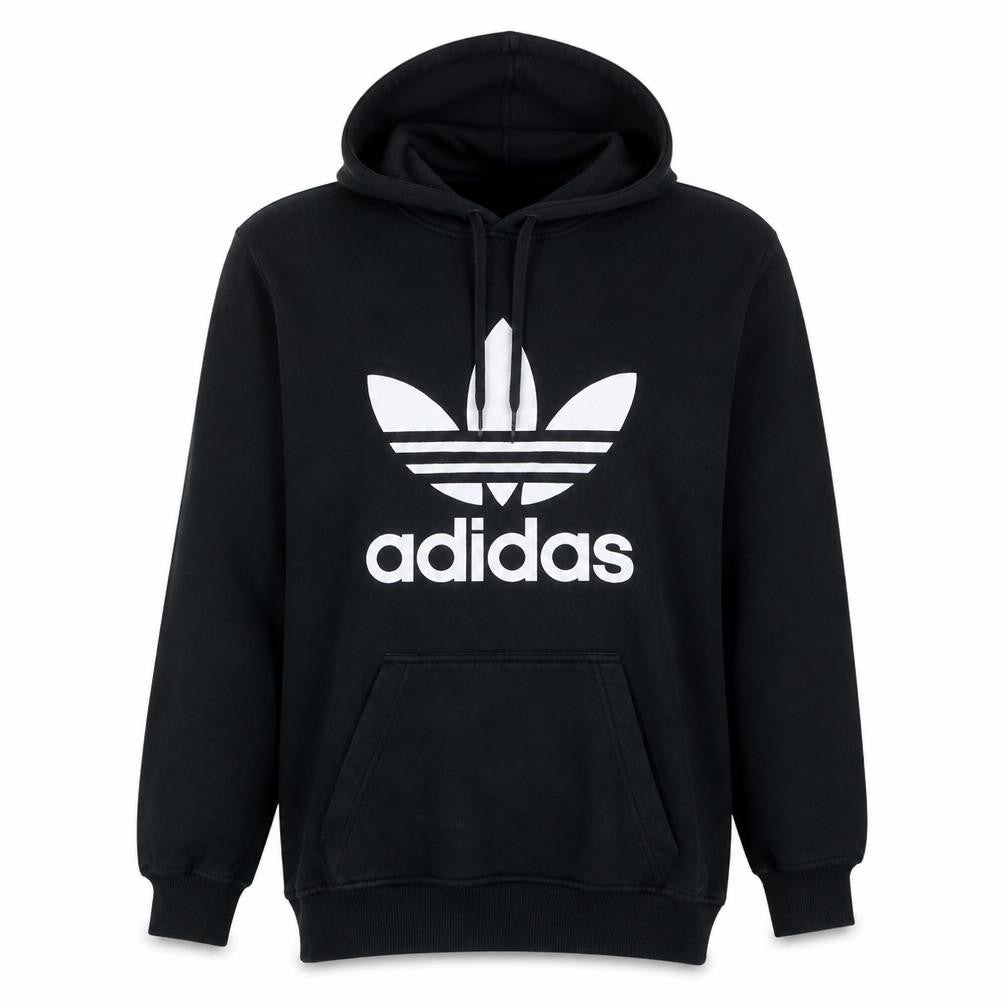 Front view of Adidas men’s black pullover hoodie large logo fleece sweatshirt