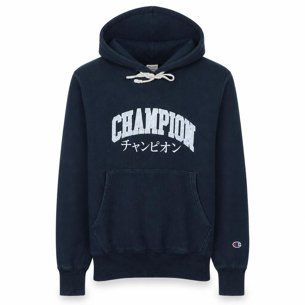Front view of Champion Men's Blue Pullover Hoodie Small Logo Fleece Sweatshirt