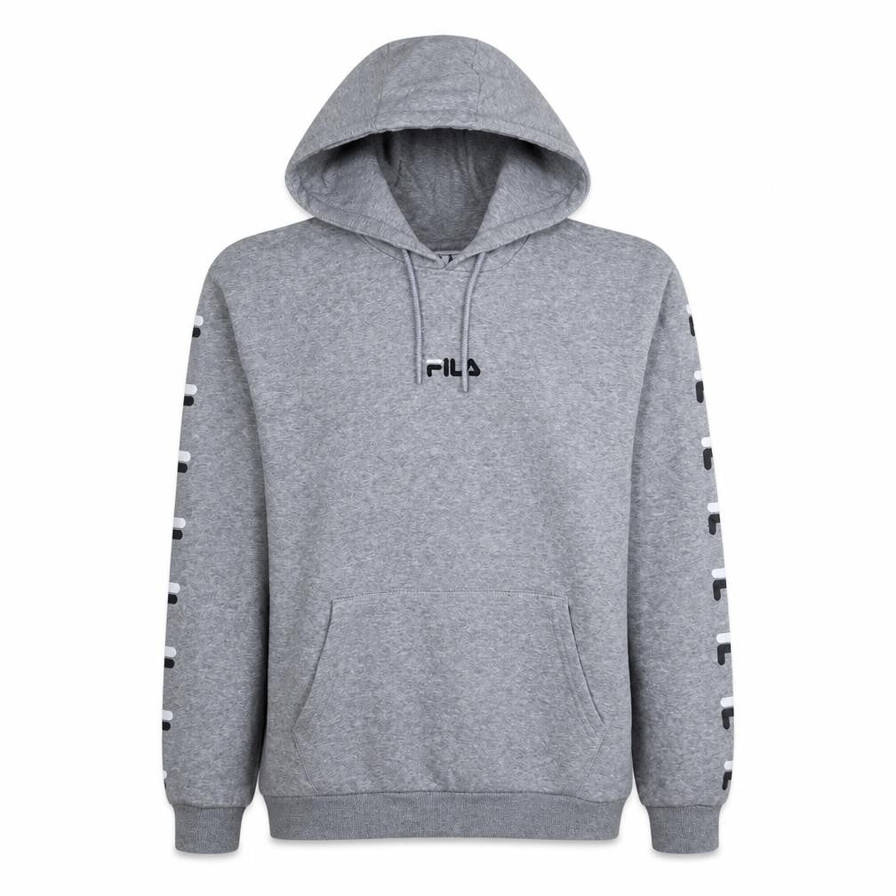 Front view of Fila Men's Grey Pullover Hoodie, size M, Logo Graphic Sportswear