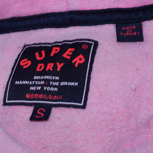 Superdry Women Pink Pullover Hoodie Small Logo Graphic Cotton Blend