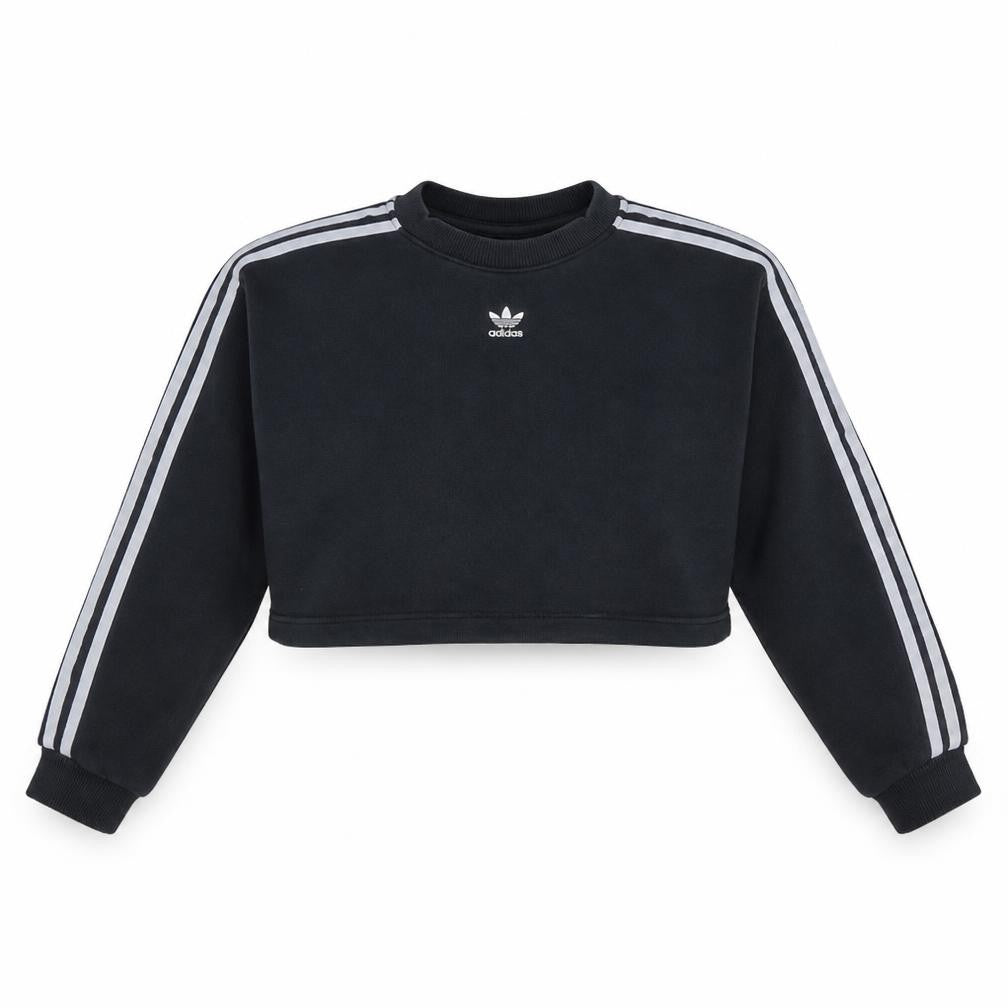 Front view of Adidas Women's Black Cropped Sweatshirt, size 4, Crew Neck Logo Style