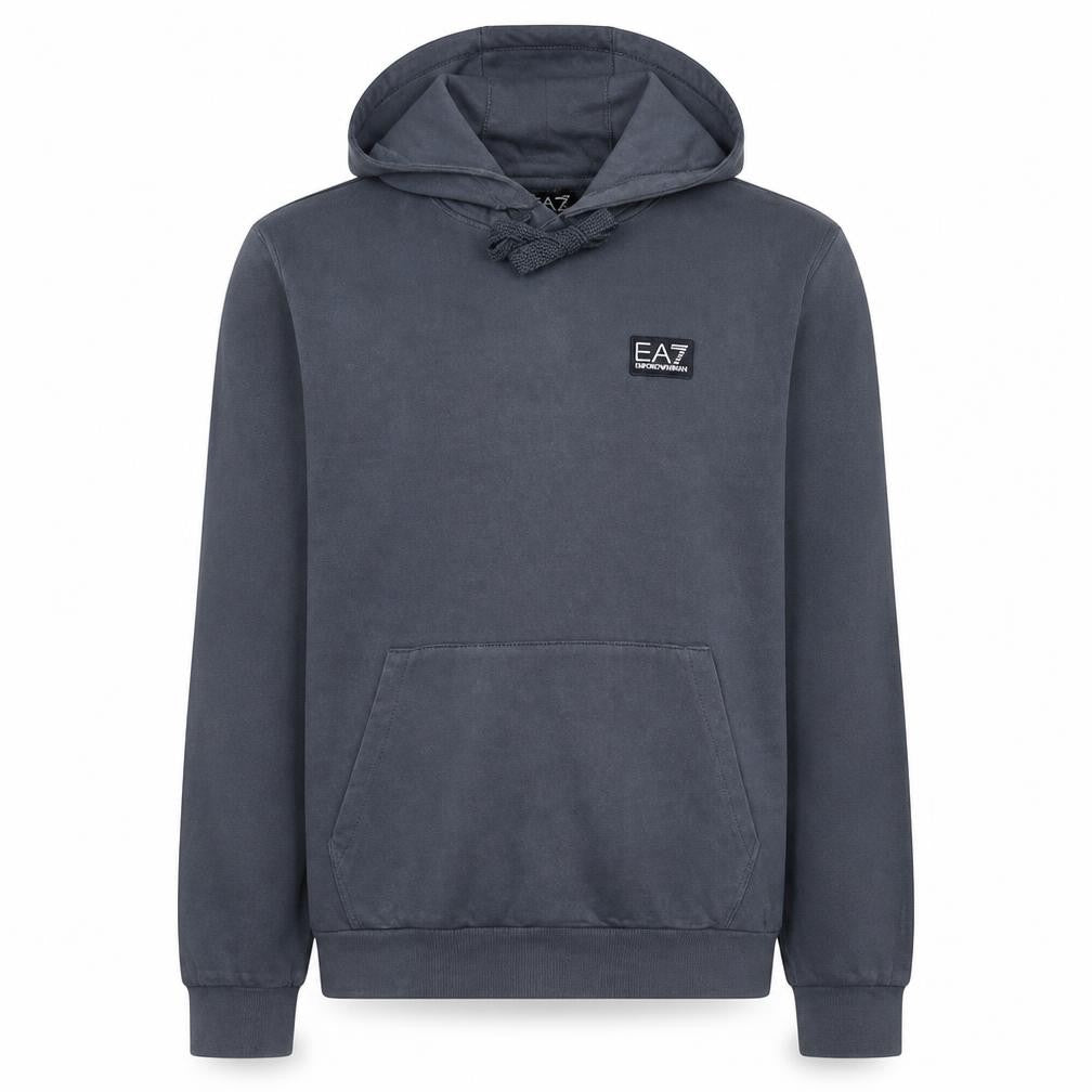 Front view of Emporio Armani EA7 Men's Grey Pullover Hoodie, size L, Regular Fit