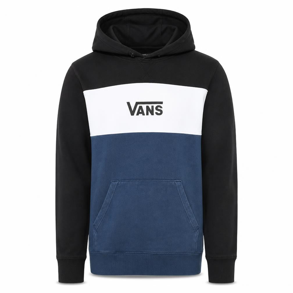 Front view of Vans men’s xs blue black colour block logo pullover hoodie