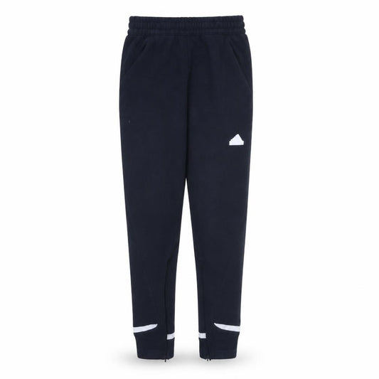 Front view of Adidas Men's Blue Tapered Track Pants, size S, Elastic Waist Activewear