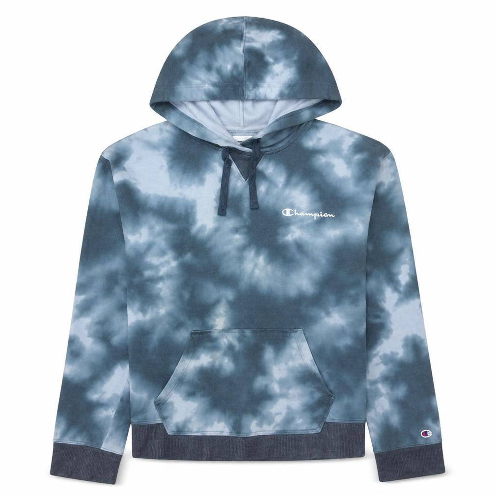 Front view of Champion women’s blue tie dye pullover hoodie, size L, cotton blend