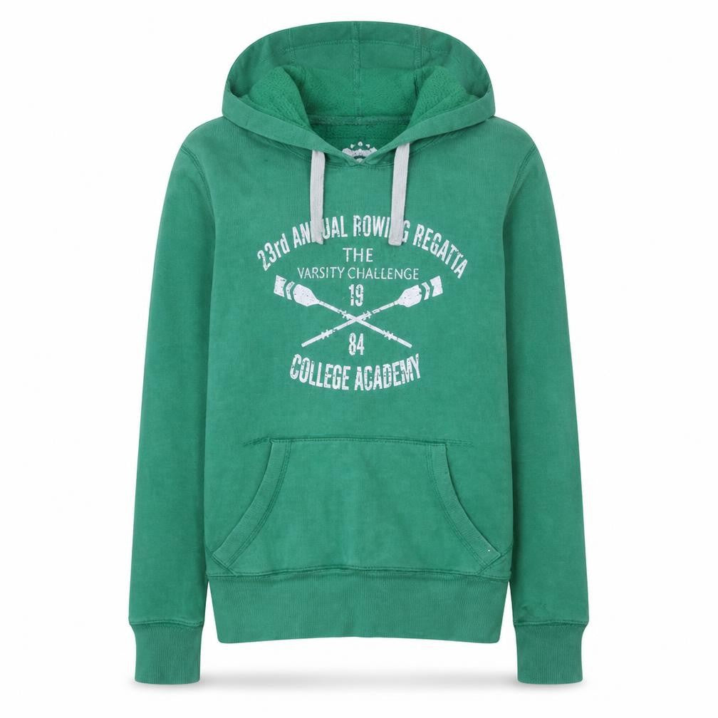 Front view of Denim Co Women’s Green Hoodie, size UK 10, Pullover Varsity Print