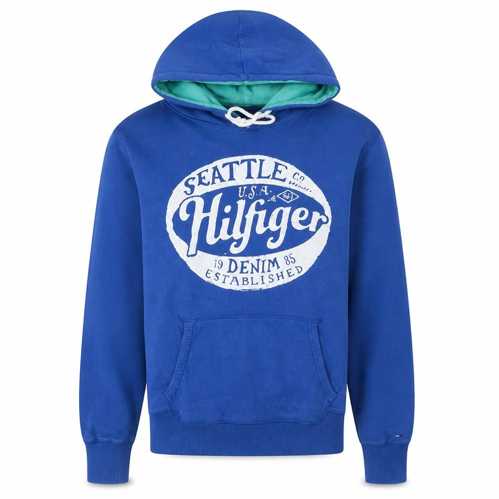 Front view of Tommy Hilfiger Men's Blue Pullover Hoodie M Graphic Fleece Sweatshirt
