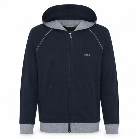 Front view of BOSS Men's Blue Full Zip Hoodie, size S, Regular Fit