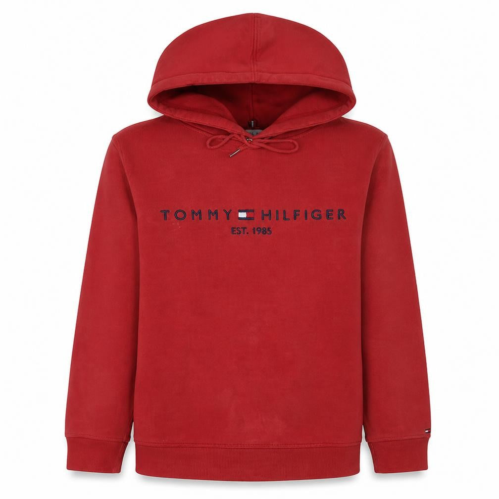 Front view of Tommy Hilfiger Men's Red Pullover Hoodie M Logo Fleece Sweatshirt