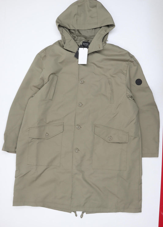 boohooMAN Men's Green XL Long Hooded Parka Coat