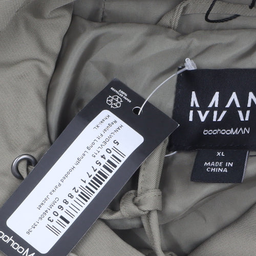 boohooMAN Men's Green XL Long Hooded Parka Coat