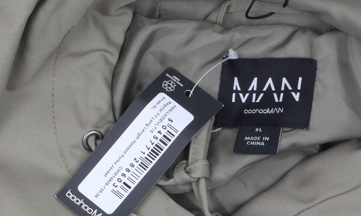 boohooMAN Men's Green XL Long Hooded Parka Coat