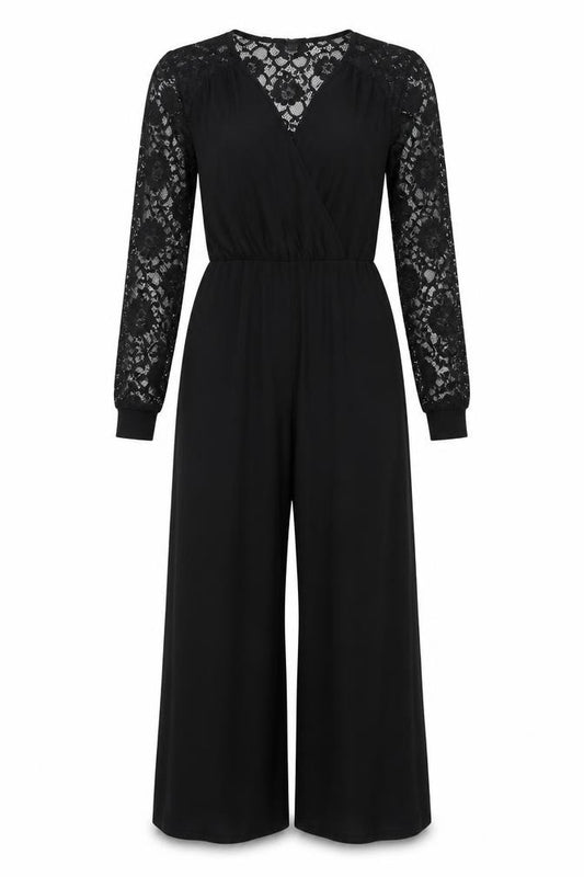 Long Tall Sally Women's Black Lace Sleeve Wide-Leg Jumpsuit UK 10-12 Tall