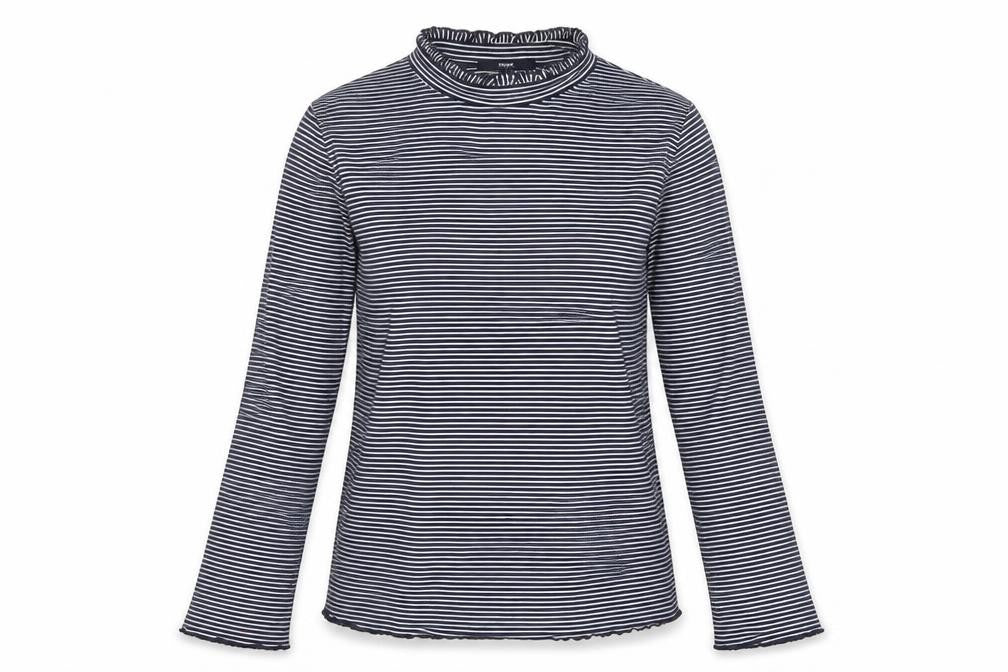 Front view of Next women’s blue white striped roll neck long sleeve jersey top, size UK 12