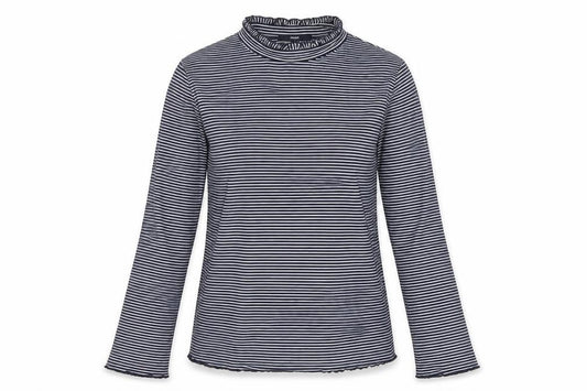 Front view of Next women’s blue white striped roll neck long sleeve jersey top, size UK 12