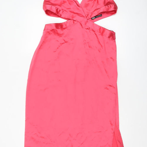 Zara Women Pink Satin Cut Out Slip Midi Dress XL